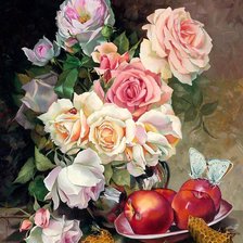 натюрморт с розами и яблоками