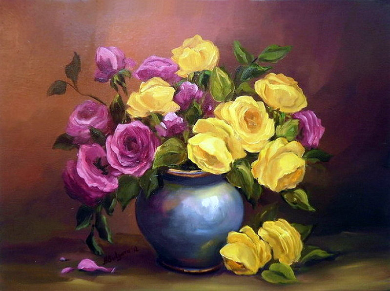 розы в вазе - цветы, живопись, ваза, роза, натюрморт, букет - оригинал