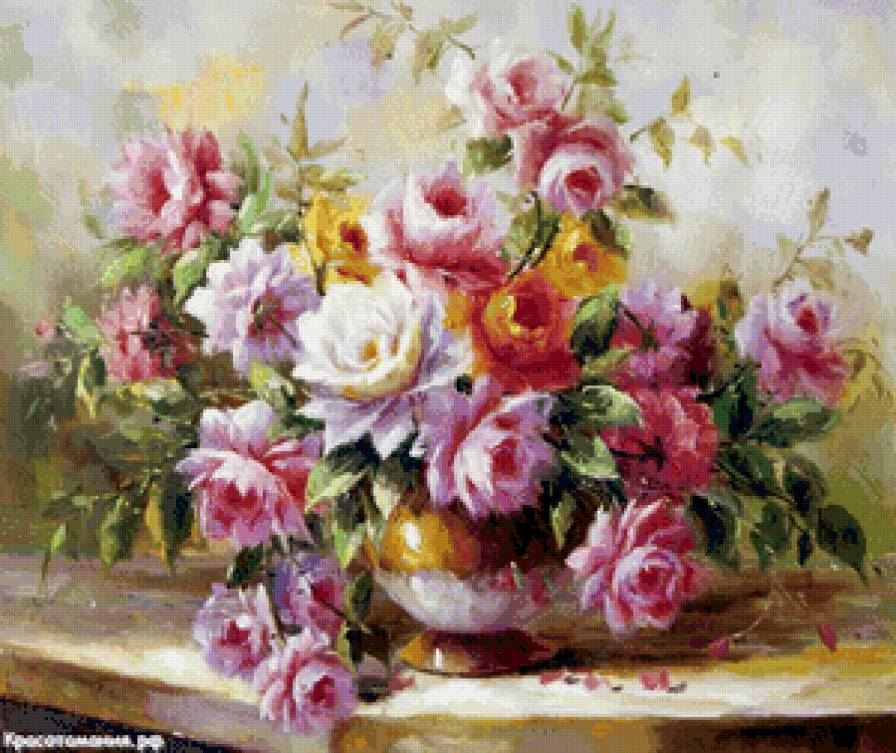 букет роз в вазе - цветы, букет, живопись, ваза, горшок, натюрморт, розы - предпросмотр