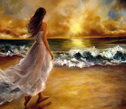 девушка и море - волны, закат, живопись, солнце - оригинал