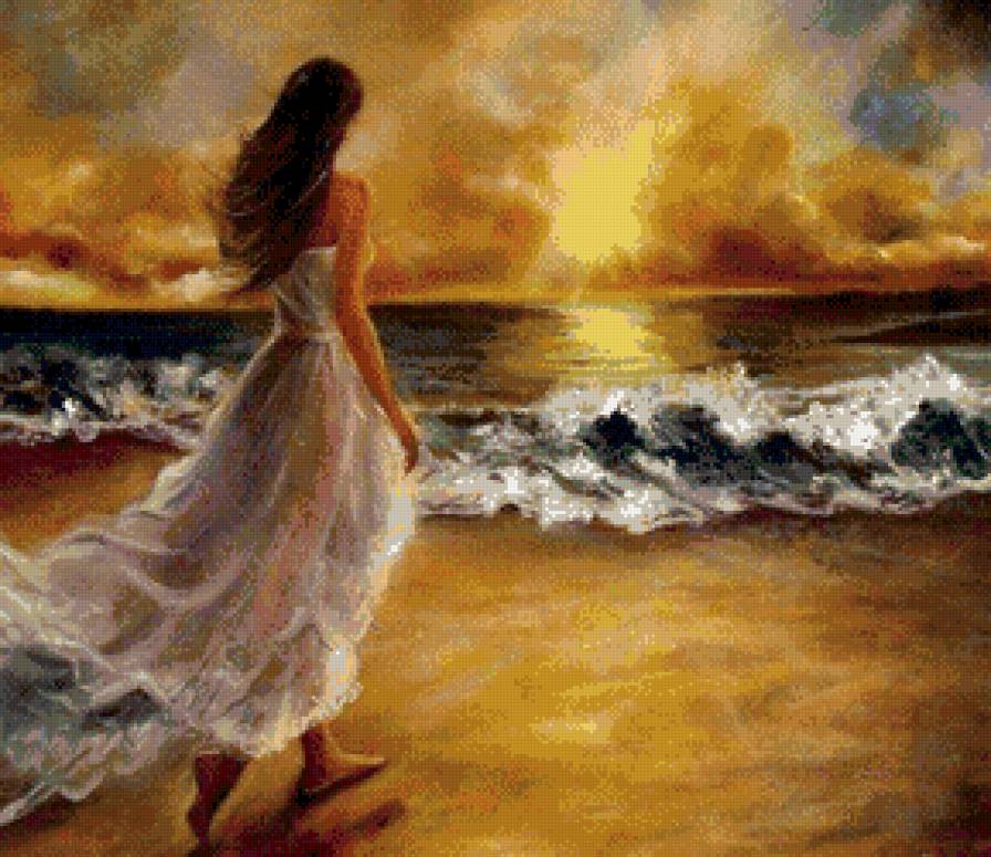 девушка и море - волны, закат, солнце, живопись - предпросмотр