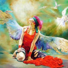 Схема вышивки «девушка с крыльями и голубями»