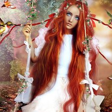 Схема вышивки «Девушка рыжая, лес, деревья, птиц»