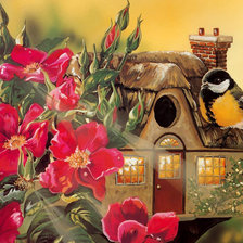 Схема вышивки «птичка, домик и цветы»
