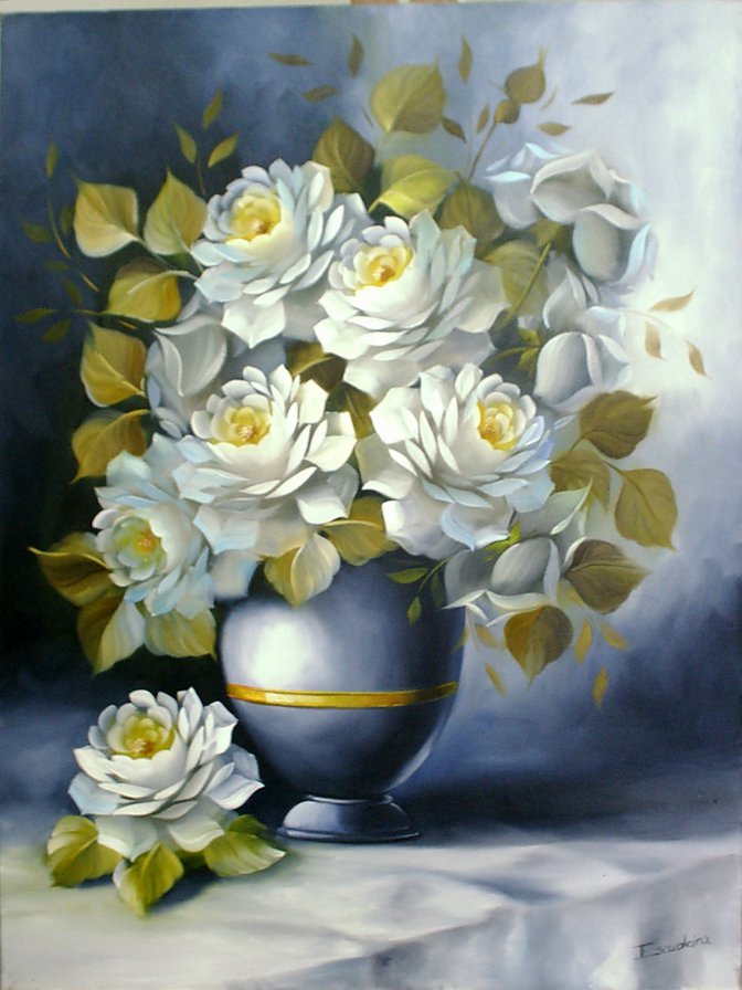 белые розы в синей вазе - ваза, натюрморт, цветы, горшок, букет, живопись, розы - оригинал