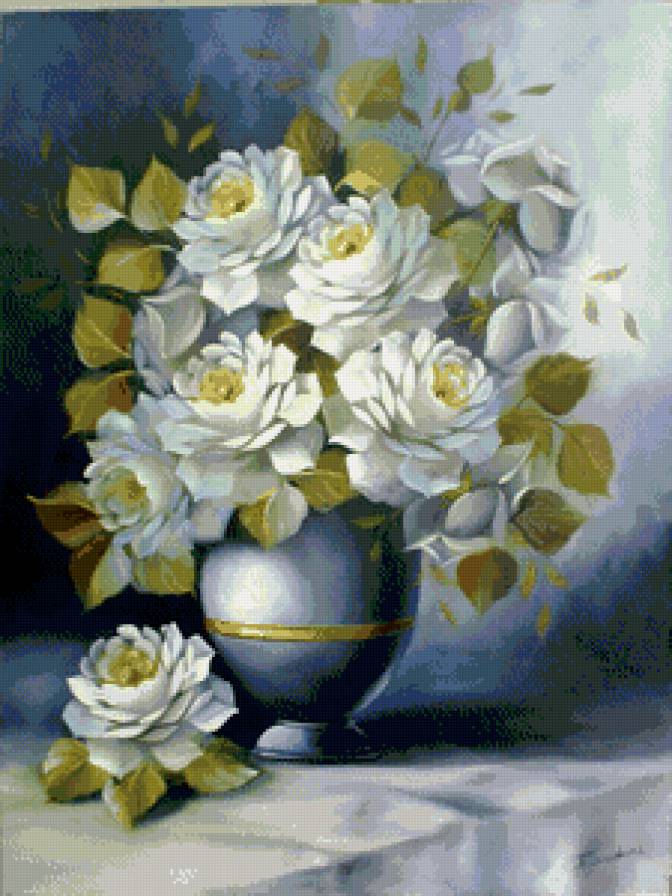 белые розы в синей вазе - горшок, живопись, цветы, ваза, букет, натюрморт, розы - предпросмотр