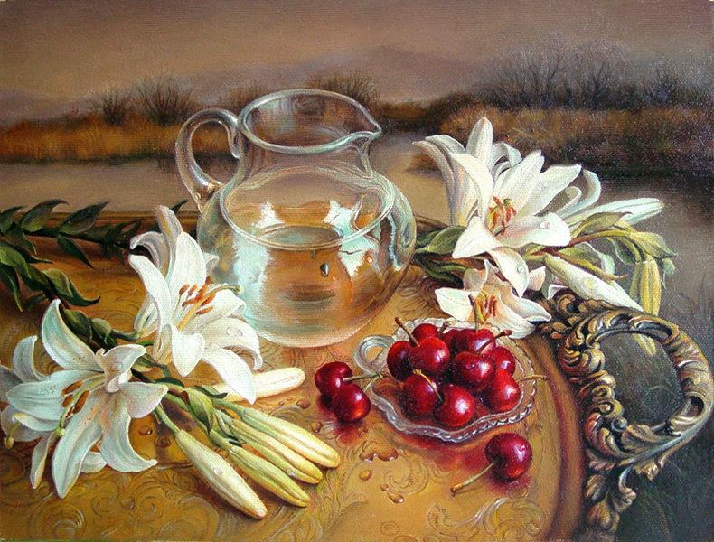 натюрморт с черешнями и лилиями - фрукты, натюрморт, картина, цветы, кухня, черешня, лилии, кувшин - оригинал