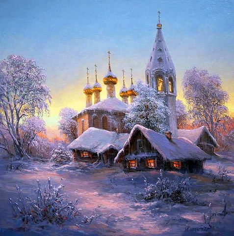 зима - село, снег, зима, церковь, заря, рождество, деревня, закат, природа - оригинал