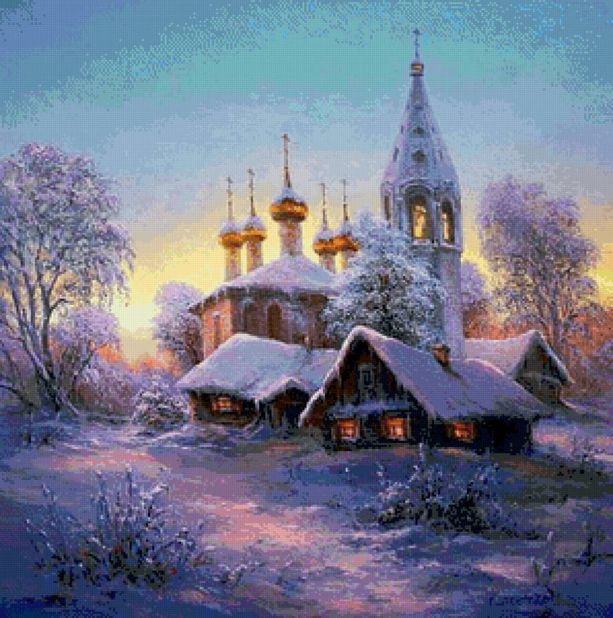 зима - заря, снег, закат, рождество, село, зима, деревня, природа, церковь - предпросмотр
