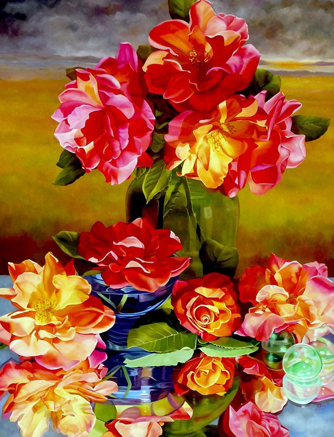 красные розы - розы, живопись, натюрморт, букет, цветы, ваза - оригинал