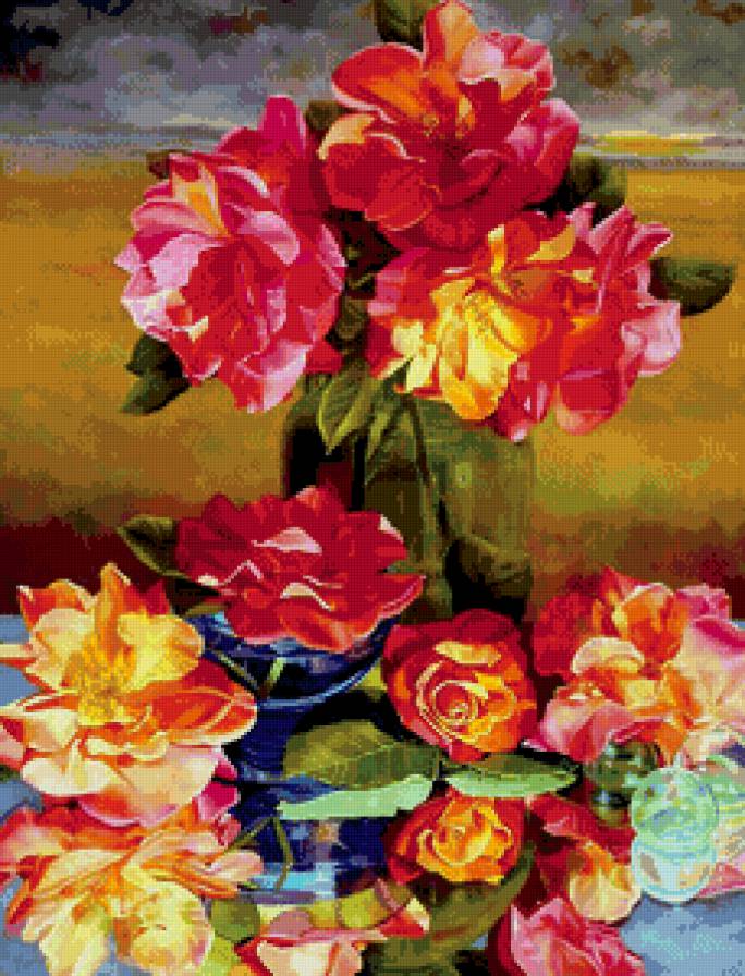 красные розы - ваза, живопись, букет, натюрморт, розы, цветы - предпросмотр