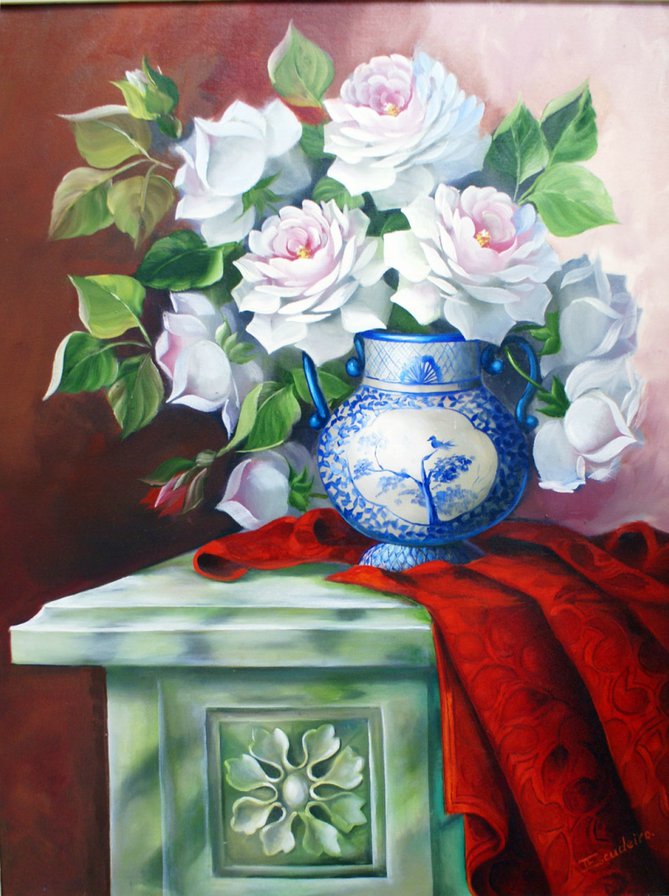 кремовые розы - цветы, кувшин, ваза, букет, натюрморт, розы, живопись - оригинал