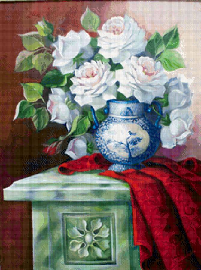 кремовые розы - ваза, натюрморт, живопись, кувшин, букет, розы, цветы - предпросмотр