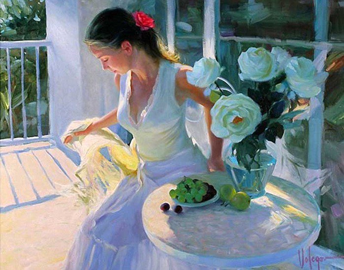 девушка с белыми розами - девушка, картина, белый, розы, солнце - оригинал