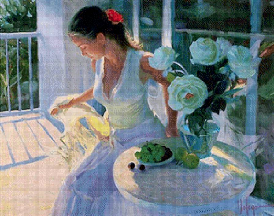 девушка с белыми розами - девушка, розы, белый, солнце, картина - предпросмотр