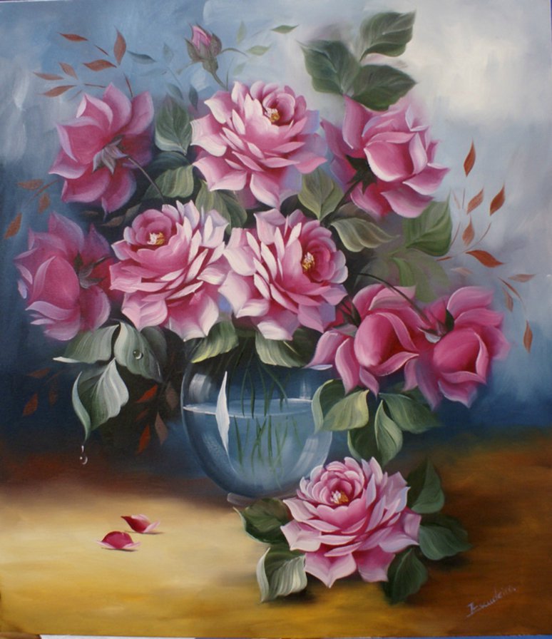 розовые розы в вазе - живопись, розы, цветы, натюрморт, ваза, букет - оригинал