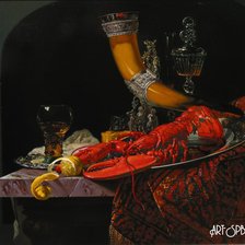 Схема вышивки «Натюрморт с омаром, рогом для вина и бокалами 1653 Виллем Кальф»
