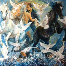 Оригинал схемы вышивки «танцующая пара с голубями и лошадями» (№904290)