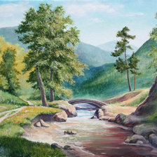 пейзаж с рекой и мостиком