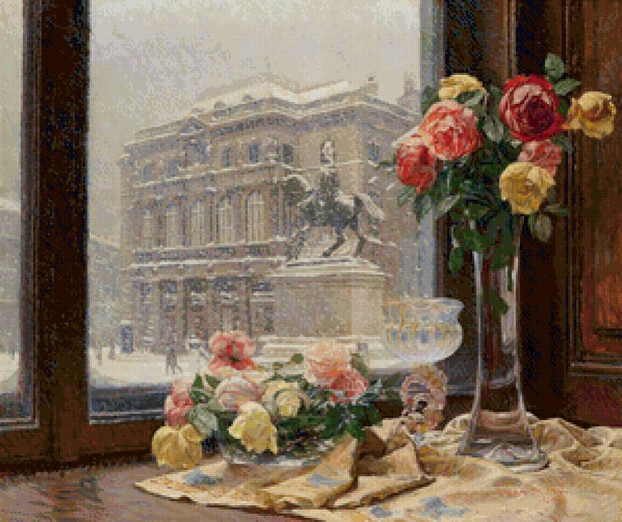 розы у окна - живопись, ваза, зима, букет, пейзаж, розы, питер, окно, город - предпросмотр