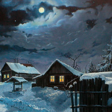 Схема вышивки «лунная зимняя ночь в деревне»