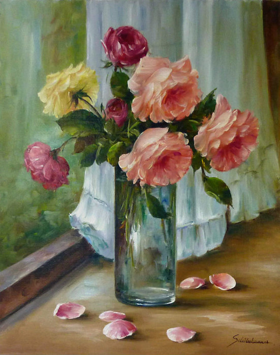 букет роз в вазе - розы, окно, живопись, ваза, цветы, букет, натюрморт - оригинал