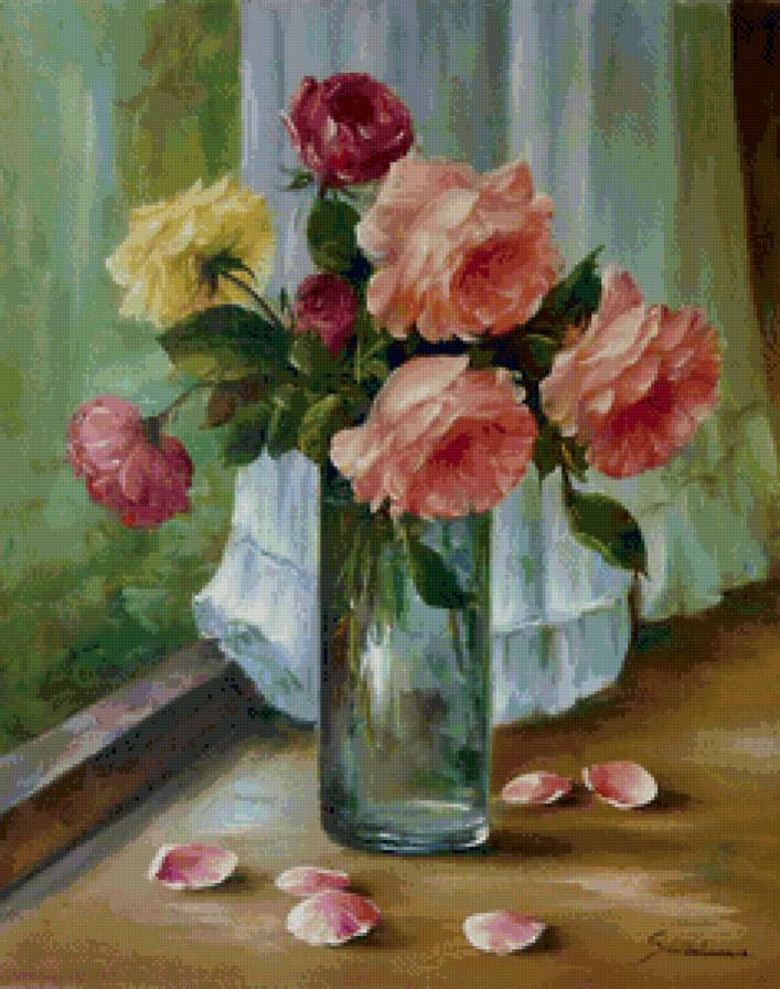 букет роз в вазе - живопись, ваза, окно, розы, цветы, букет, натюрморт - предпросмотр
