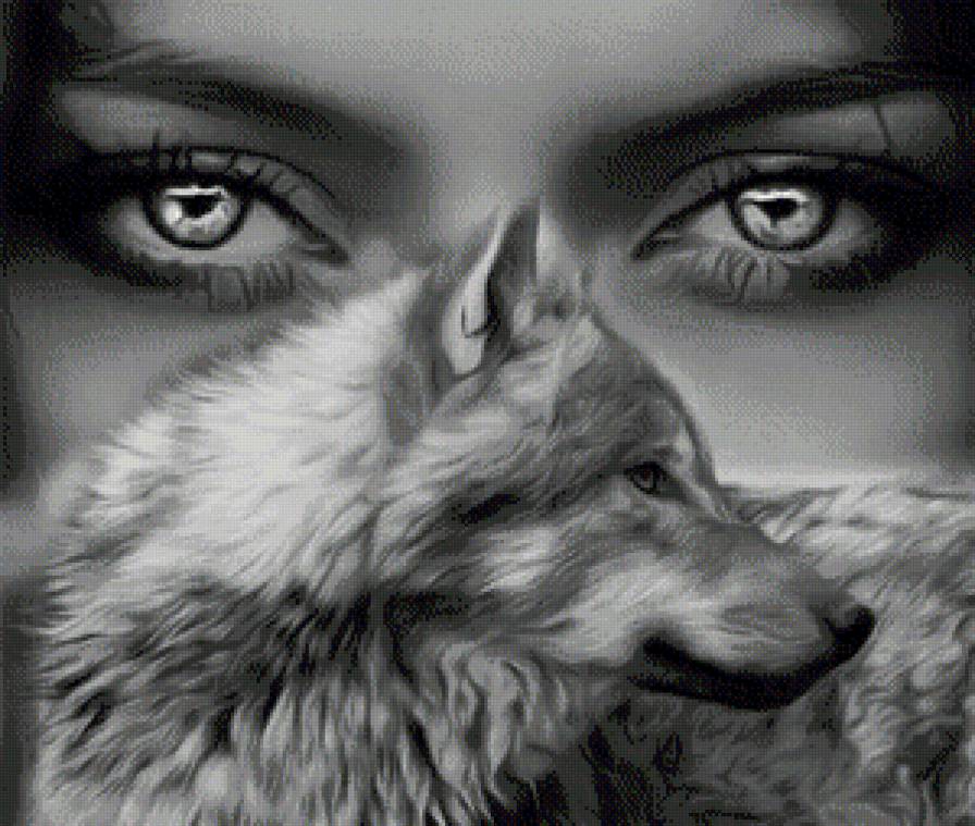 Серия "Двое" - девушка, волк, чувчтва, черное и белое, животные - предпросмотр