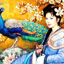 Схема вышивки «восточная девушка с павлином»