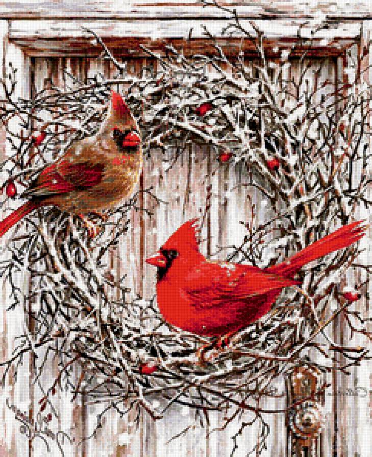птицы кардиналы - дверь, зима, кардиналы, снег, птицы, новый год, венок - предпросмотр