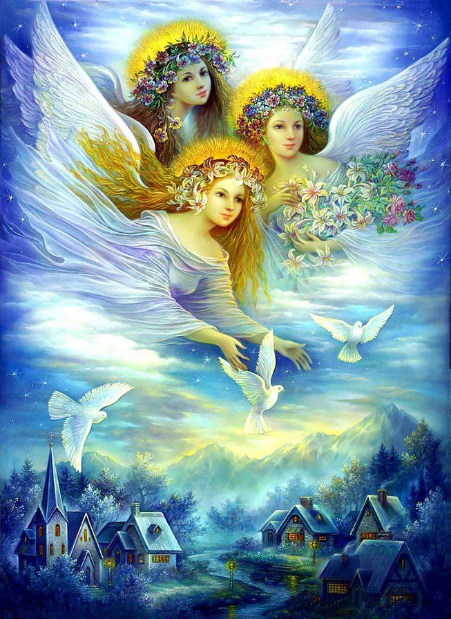 ангелы хранители - голуби, ангел хранитель, крылья, девушка, ангел, мир, небо, дома - оригинал