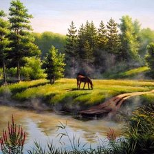 лошадь пасётся у реки