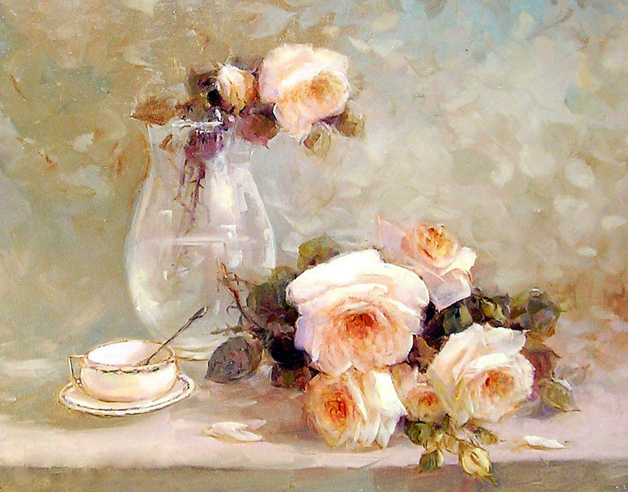 нежные розы в вазе - живопись, цветы, розы, букет, натюрморт, ваза - оригинал