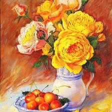Оригинал схемы вышивки «жёлтые розы и черешня» (№973554)