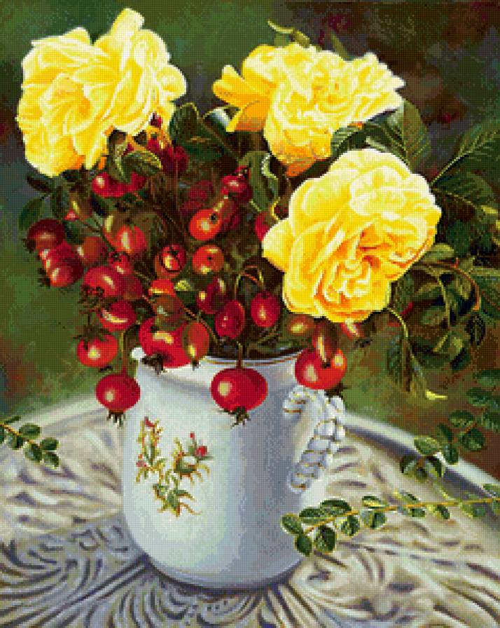 натюрморт с жёлтыми розами и красной смородиной - натюрморт, ваза, цветы, букет, смородина, ягоды, живопись, розы - предпросмотр