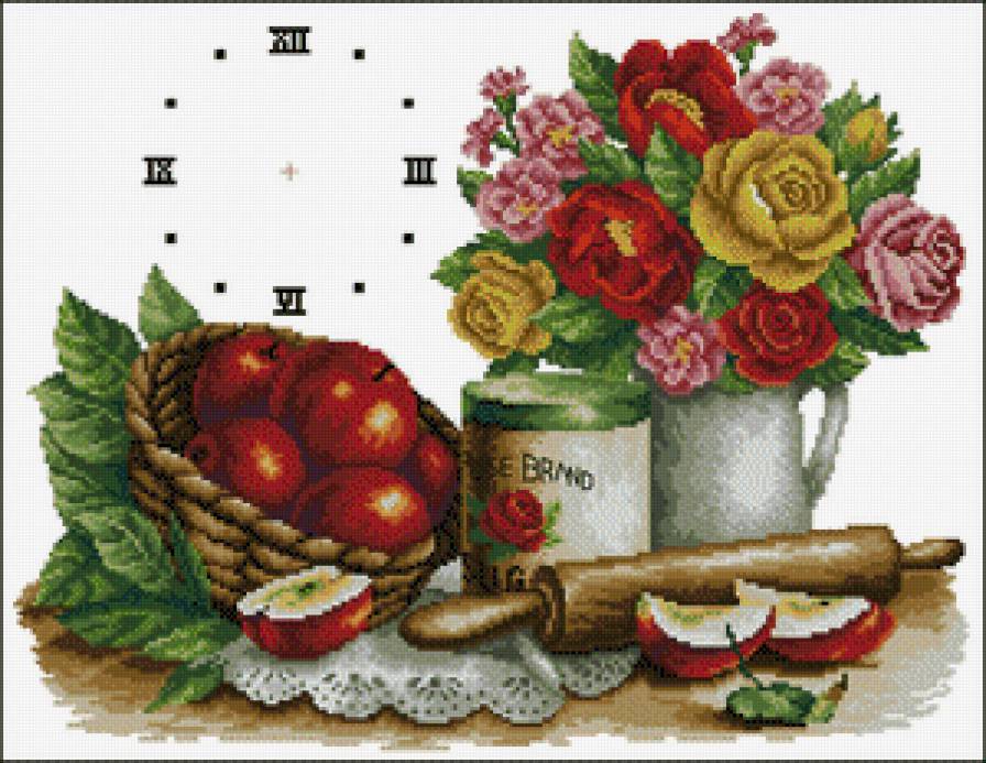 свежая кухня - цветы, часы, яблоки - предпросмотр