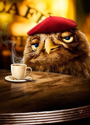 утренний кофе - сова, птица, филин, кофе - оригинал