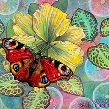 Оригинал схемы вышивки «Бабочка на цветке. Эффект витража.» (№996637)