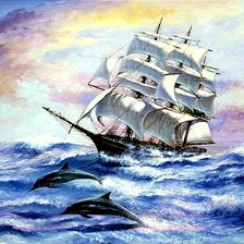 Оригинал схемы вышивки «корабль и дельфины» (№1000661)