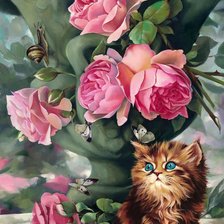 Оригинал схемы вышивки «котенок и букет роз» (№1123505)