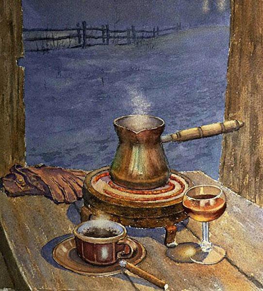 Натюрморт с кофе - зима. окно, турка. кофе и коньяк, перчатки - оригинал