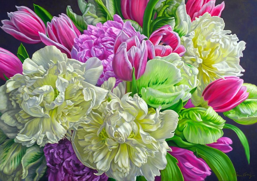 Пионы и тюльпаны - белые цветы, тюльпаны, цветы, пионы, букет, розовые цветы, живопись - оригинал