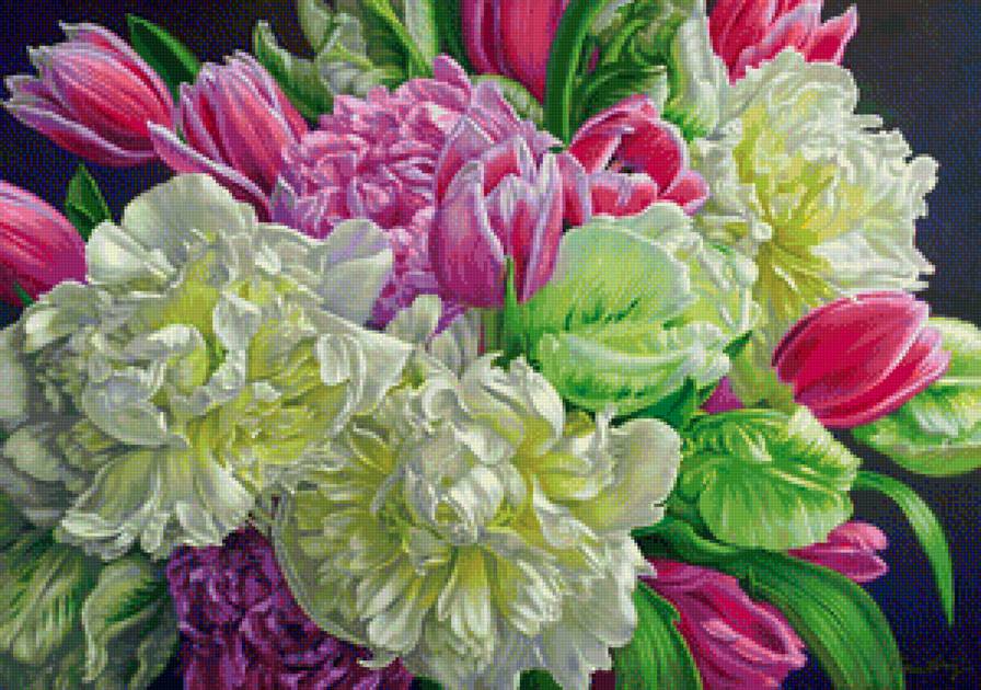 Пионы и тюльпаны - тюльпаны, розовые цветы, живопись, букет, пионы, цветы, белые цветы - предпросмотр