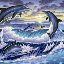 Схема вышивки «стая дельфинов на закате»