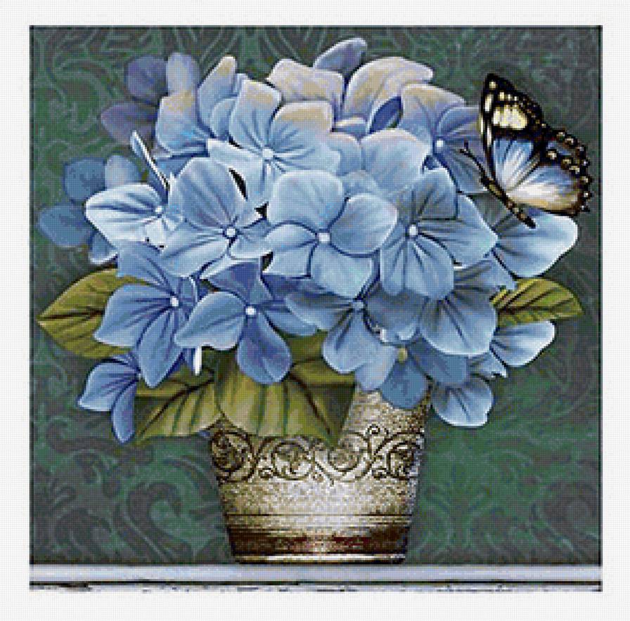 бабочки и цветы - голубые цветы, букет, бабочки, гортензия, синие цветы, бабочка - предпросмотр