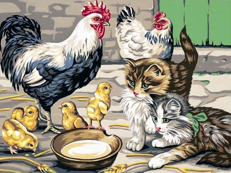 во дворе - цыплята, курица, петух, котята - оригинал