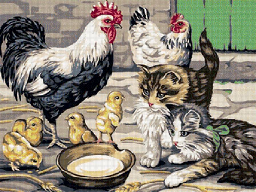 во дворе - цыплята, котята, петух, курица - предпросмотр