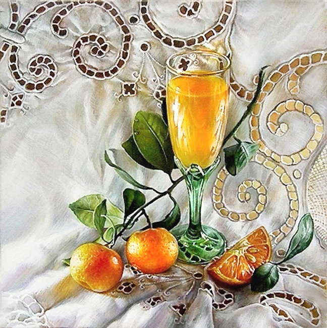 Мандариновый натюрморт - цитрусы, мандарины, натюрморт, для кухни, сок, бокал, скатерть, фрукты - оригинал