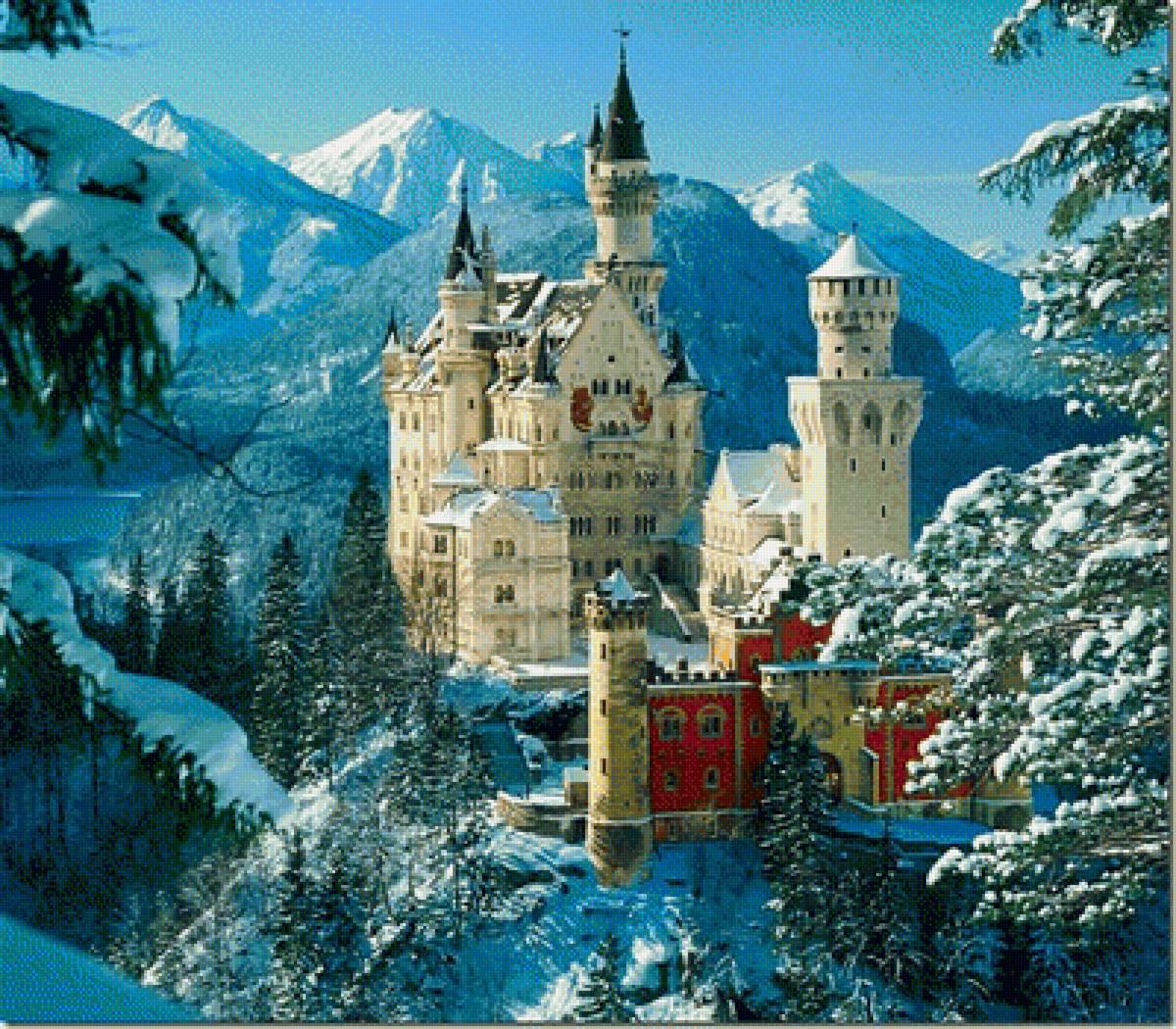 Зимний замок - вид, снег, замок, лес, панорама, пейзаж, зима, природа - предпросмотр