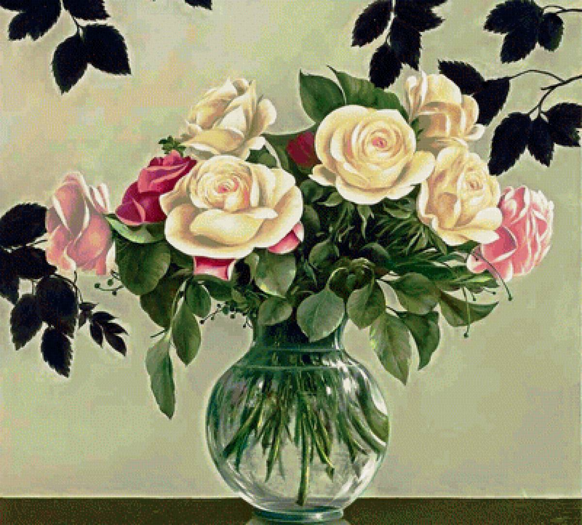 Натюрморт - цветы, натюрморт, розы, ваза, букет - предпросмотр